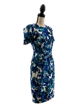 CALVIN KLEIN Women’s Blue & Teal Floral Midi Dress w/Long Zippered Back—Sz 4